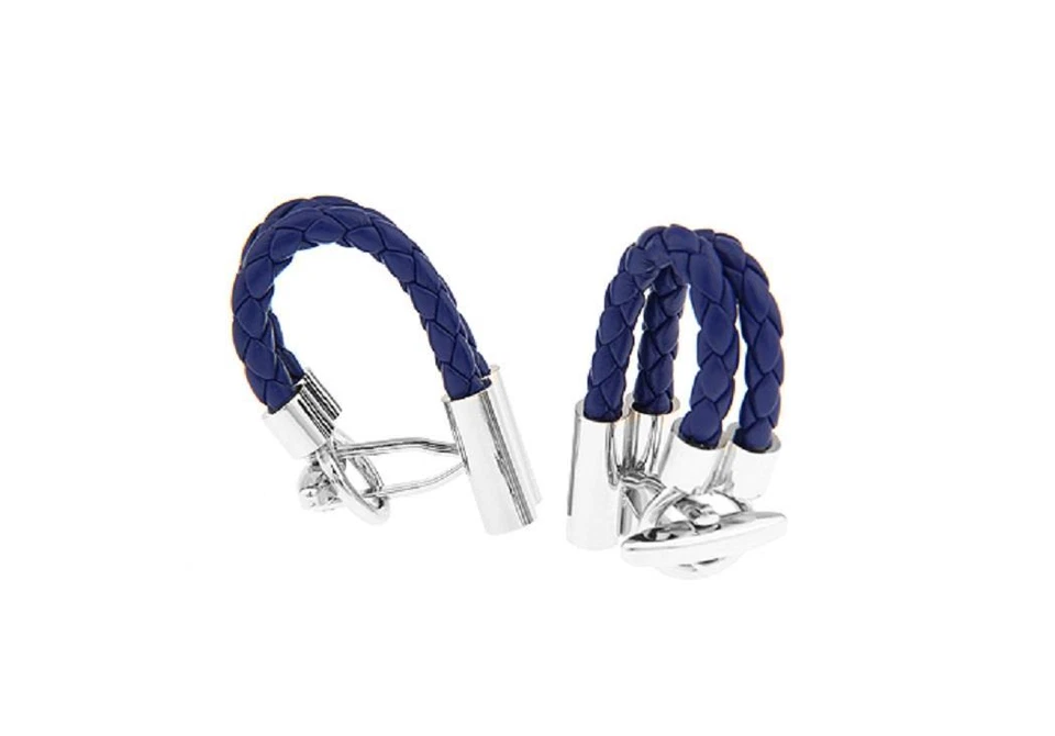 Leather Braided Blue Pair Cufflinks Wedding Fancy Gift Box & Polishing Cloth - Image 2 of 4