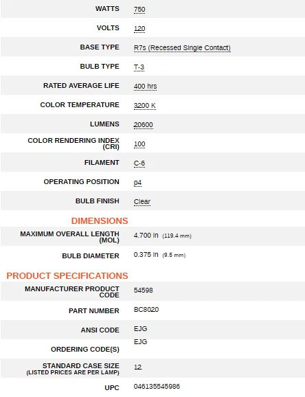 NEW! OSRAM EJG 750W 120V #54598 *M-F Shipping ONLY* - Image 2 of 4