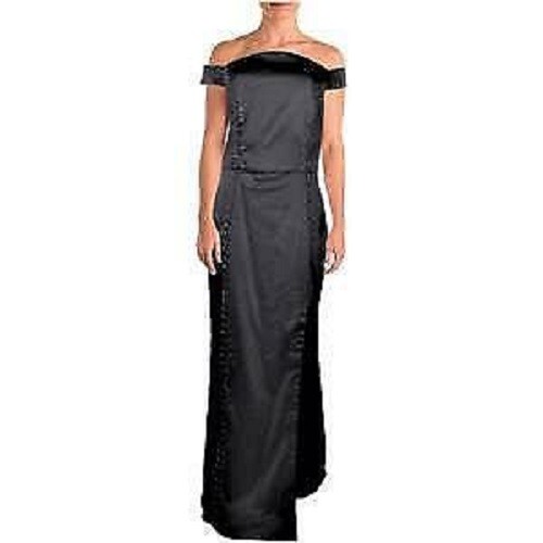 ABS COLLECTION $645 Black Satin LACE-UP FRONT-SLIT OFF-SHOULDER Long Dress  M | eBay