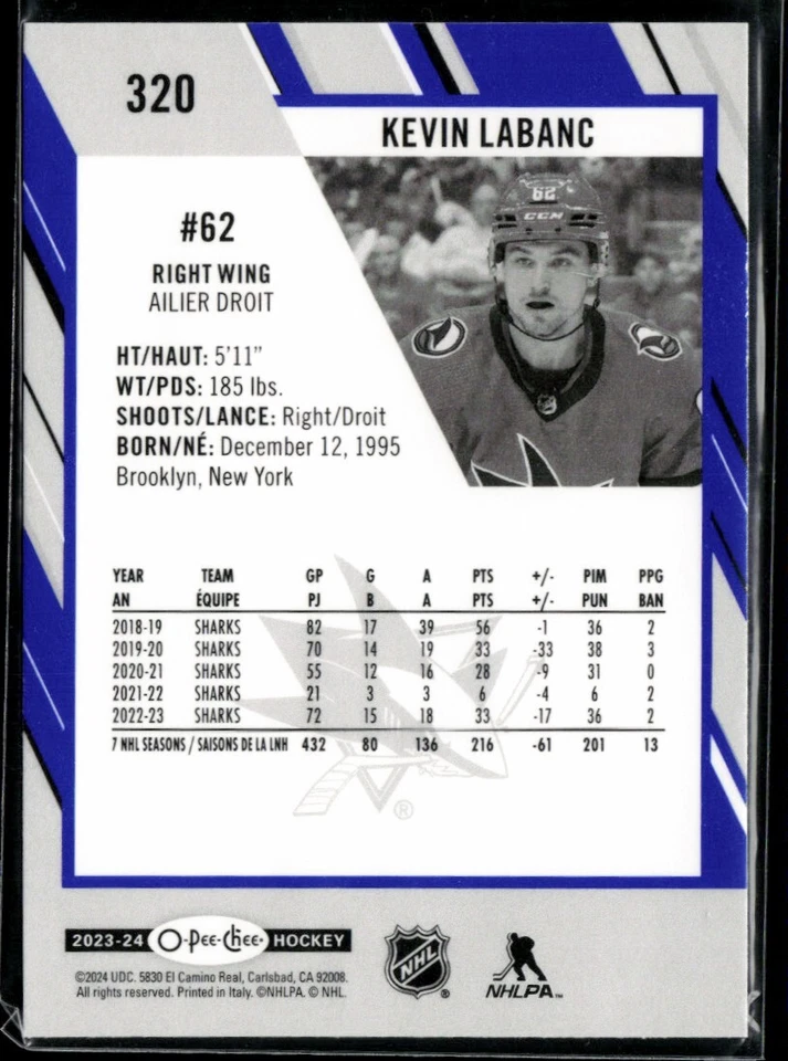 2023-24 O-Pee-Chee Blue Border Kevin Labanc #320 - Image 2 of 2