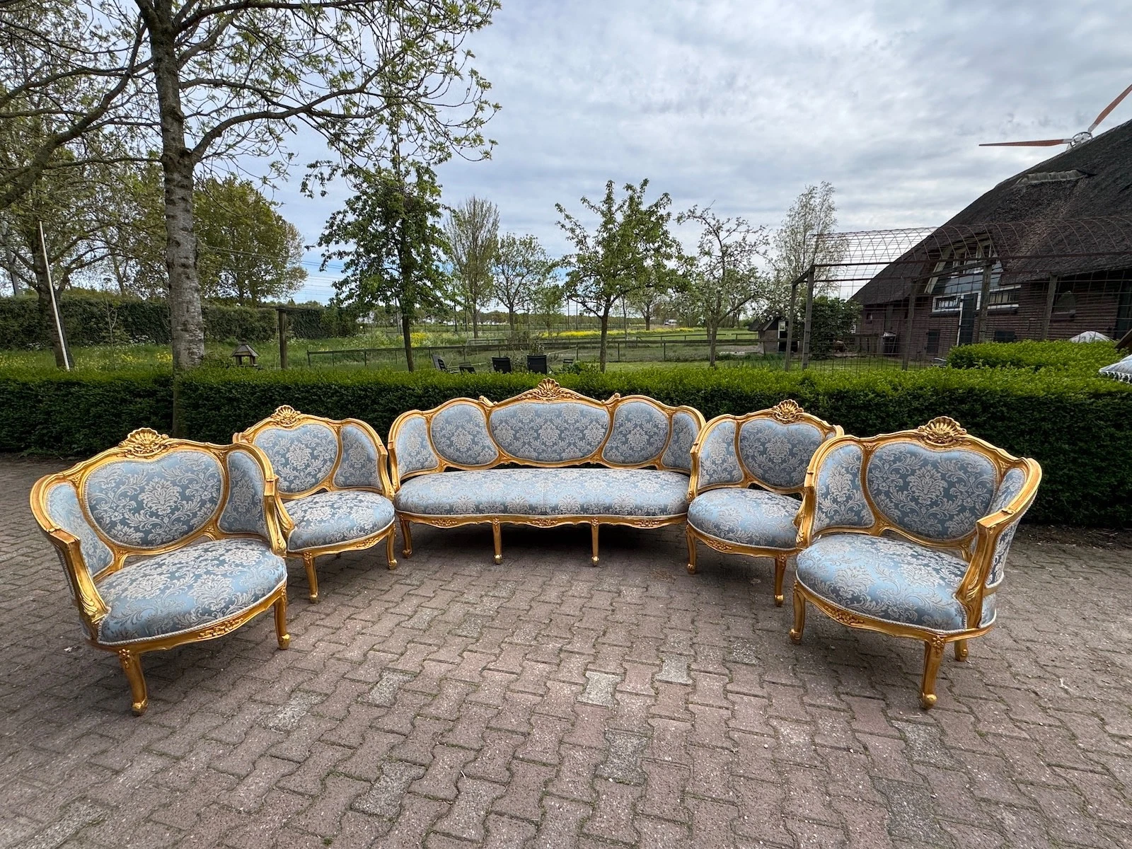 Sofa Set French Louis XVI 1940 Gold Beech Blue Damask Bergere Chairs 5 Pc