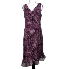 Vtg 90s Y2K Dark Floral Midi Dress 8 Purple Ruffle Fairy Grunge Whimsigoth 2956