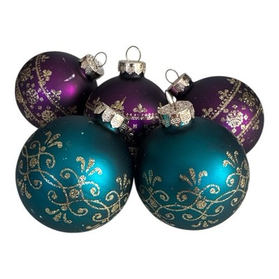 Set of 5 Vintage Rauch Mercury Glass Teal & Purple Christmas Balls MCM 