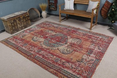 Vintage Turkish Rug, 6,2x8,3 ft Rug, Red Blue Bordered Wool Rug