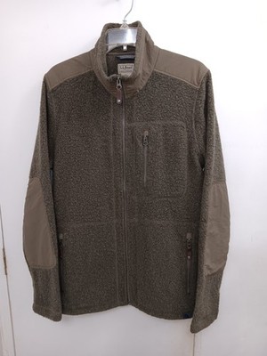 LL Bean Wool Blend Fleece Jacket Mens Med Full Zip Elbow Patch Mock Neck Green