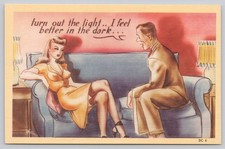 Vintage Pin Up Postcard "Turn Out The Light" Risque Humor Cartoon 1940s 50s