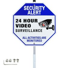 24 Hour Video Surveillance Sign with Stake - Small Signage, blue-  1 pack  