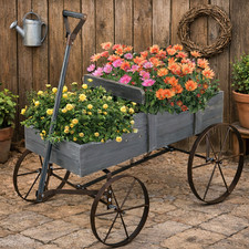 Garden Wagon Planter Wooden Flower Cart Wheeled Trolley Stand Outdoor Grey Patio