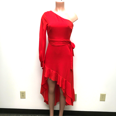 Belle Badgley Mischka Red One Shoulder Ruffle Asymmetrical Hem Bailey Dress  2 | eBay