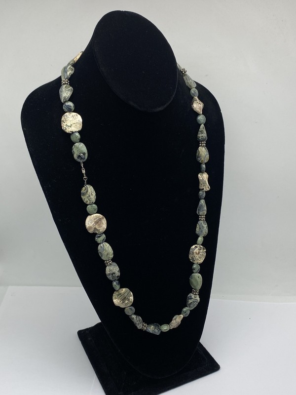 Sterling Silver Green Kambaba Jasper Beaded Necklace 95.9g