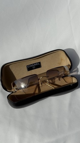 CHANEL 4093-B Rimless Sunglasses Brown Gold Rhinestone CC Logo Y2K + Case