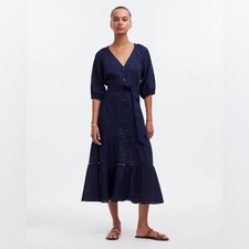 Madewell Tie-Waist Tiered Midi Dress in Windowpane NWT Size 6 Color: Navy Blue