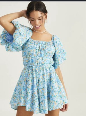 AltardState Blue Floral Smocked Mini Dress Puff Sleeve Square Neck S