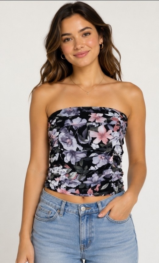 Honey Punch Black Floral Strapless Top NWT Large Ruched Strapless Blouse L300