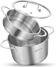 LOLYKITCH Tri-ply Stainless Steel 5 QT Stock Pot 5QT with Steamer, Silver 