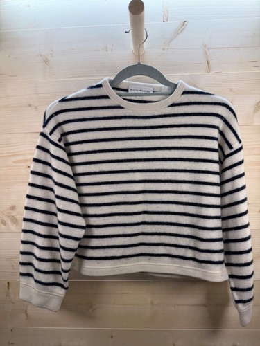 White + Warren Ivory Navy Striped Cashmere Crewneck Sweater Size S