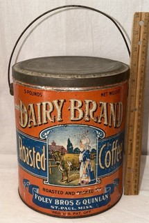 ANTICO SECCHIO DI LATTA MARCA LATTIERO CASEARIA LITOGRAFIA 5 LIBBRE CN ST PAUL MN LATTE VACCINO CAMERIERA NEGOZIO DI CAMPAGNA