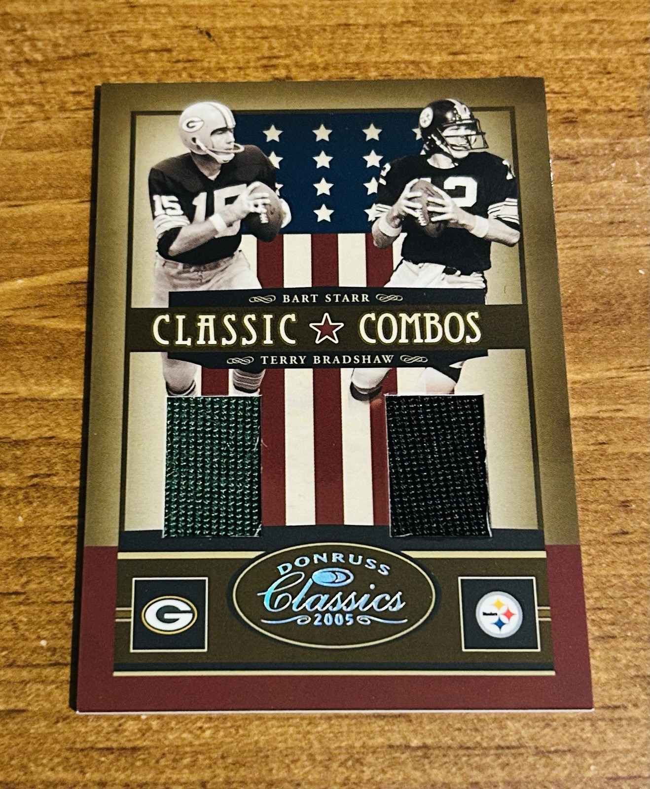 2005 Donruss Classics Bart Starr Terry Bradshaw Game Used Jersey Card /75