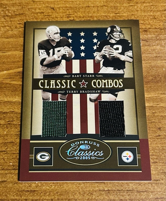 2005 Donruss Classics Bart Starr Terry Bradshaw Game Used Jersey Card /75