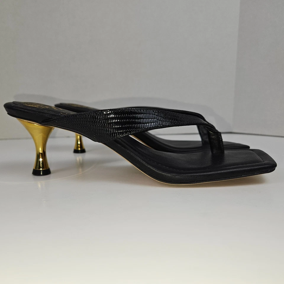 Vince Camuto Venantha 8M Black Gold Glossy Lizard Leather Kitten Heel Sandals - Image 3 of 4