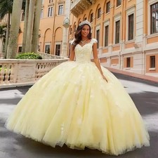 Yellow Princess Quinceanera Dresses Straps Lace Appliques Ball Gowns Sweet 16
