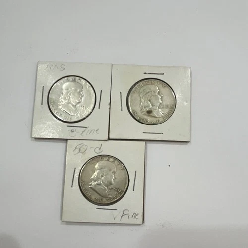 Franklin Half Dollars 1950-D & 1951-S Fine/Very Fine Silver 50C Coins Circulated