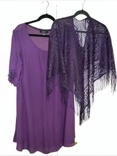 Naif Anthropologie Purple Shift Dress Women XL Boho Short Sleeve Crochet w Shawl