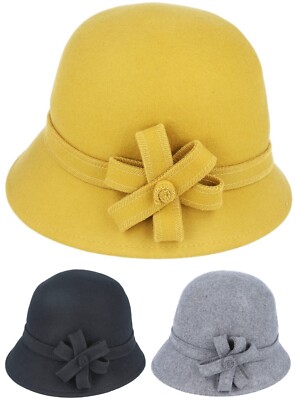 Maz Bell Hat 100% Wool Felt One Size (56-58cm) Black Grey Mustard Yellow