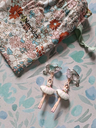 New Les Nereides Paris Pink White Enamel Ballerina Dangly Earrings Ballet Dancer - Picture 2 of 5