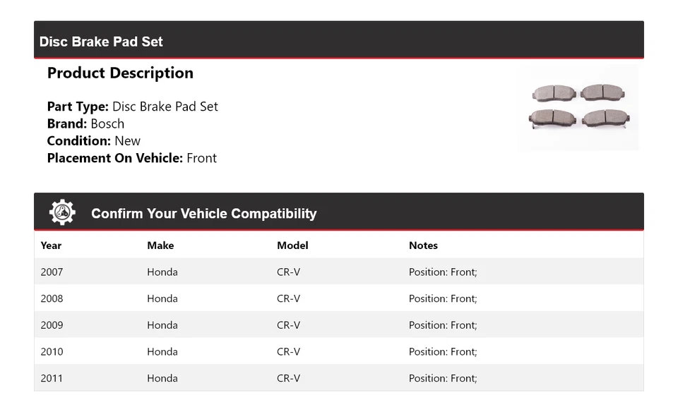 Pastillas de freno delanteras de cerámica QuietCast 2008 2009 2010 para Honda CR-V 2007-2011 Bosch Foto 2 de 4