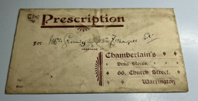 Antique Prescription Envelope Chamberlains Chemist Warrington To Mrs Grundy v3