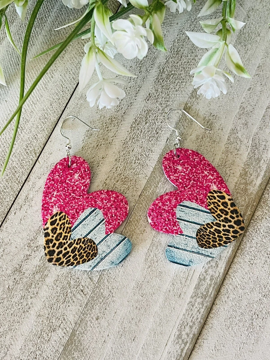 Faux Leather Earrings Hearts Pink Glitter Print Leopard Print