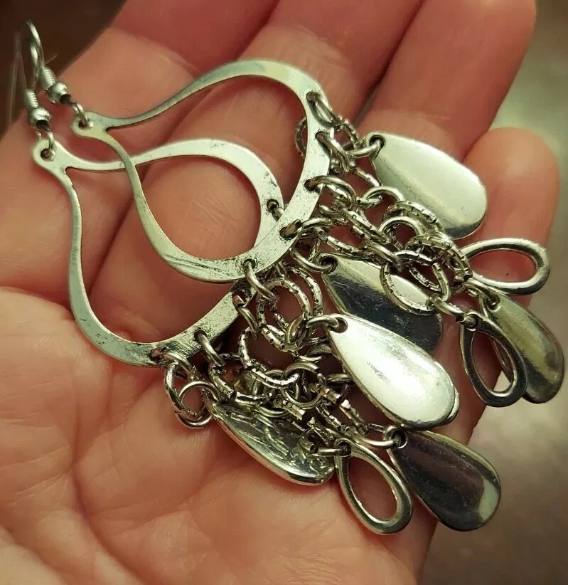 PENDIENTES COLGANTES LARGA CORTINA CASCADA PLATA GRAN DECLARACIÓN FLECOS Foto 4 de 4