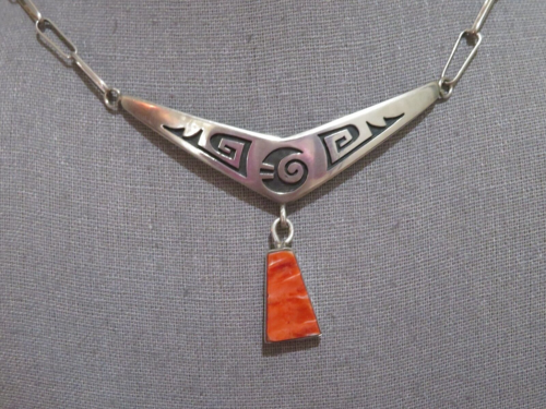 Southwest Design Orange Spiny Oyster Coral Silver Necklace - Picture 1 of 11