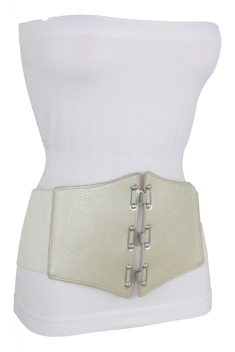 Women Elastic Champagne Wide Corset Belt Silver Metal Hooks High