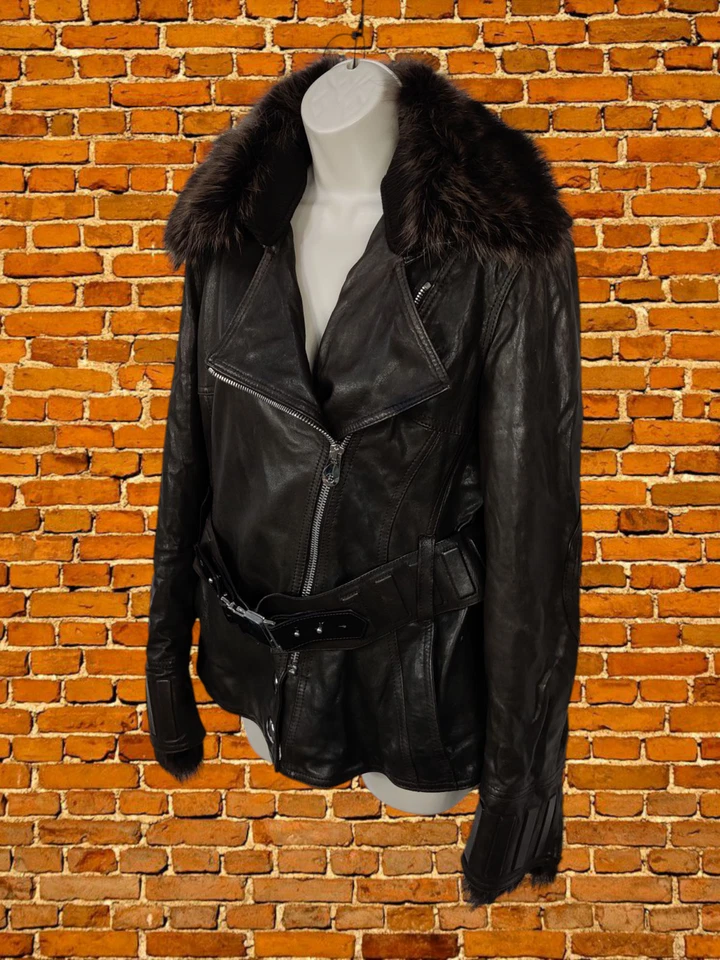 SEM VERA PELLE MOCHA BIKER JACKET COAT SIZE UK 10 LEATHER WOMENS BUCKLE BELT - Image 2 of 4