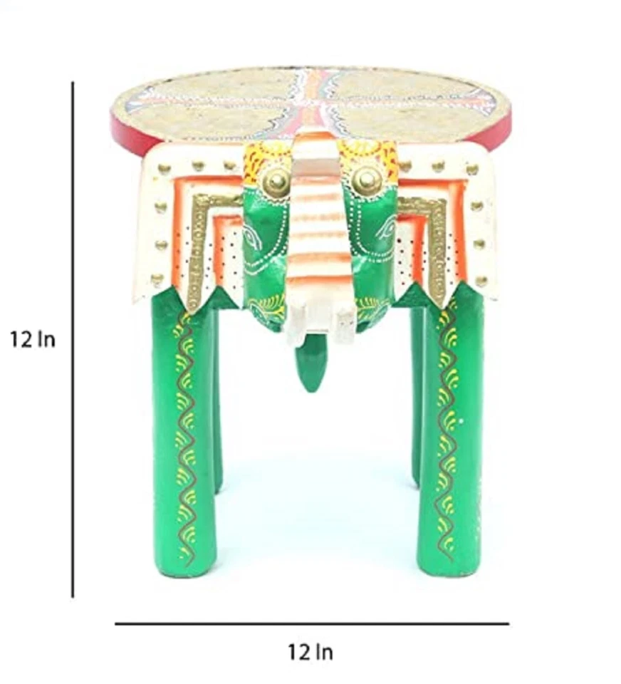 Indian Hand Painted Green Elephant Shape Stool Wooden Stool Room Side Stool - Image 3 of 4