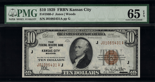 1929 $10 Federal Reserve Bank Note - Kansas City - FR.1860-J - Graded PMG 65 EPQ