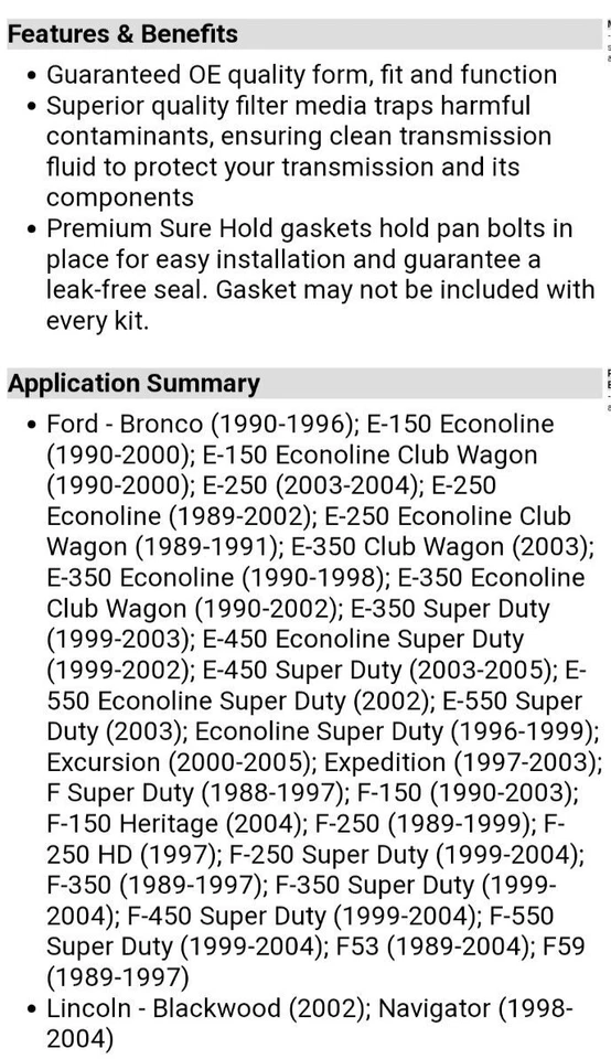 Новый комплект фильтров коробки передач CARQUEST 96049 для FORD 1989-2004 ДОСТАВКА БЕСПЛАТНО - Изображение 3 из 4