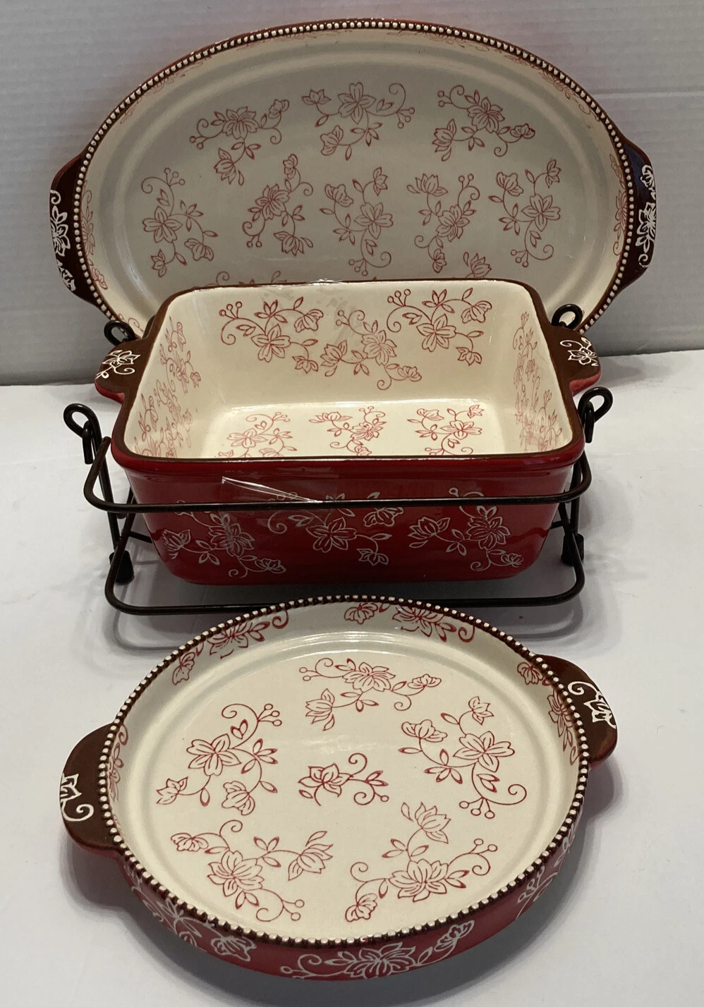temptations red chocolate floral lace 2qt baking pan drip wire & 2 serving