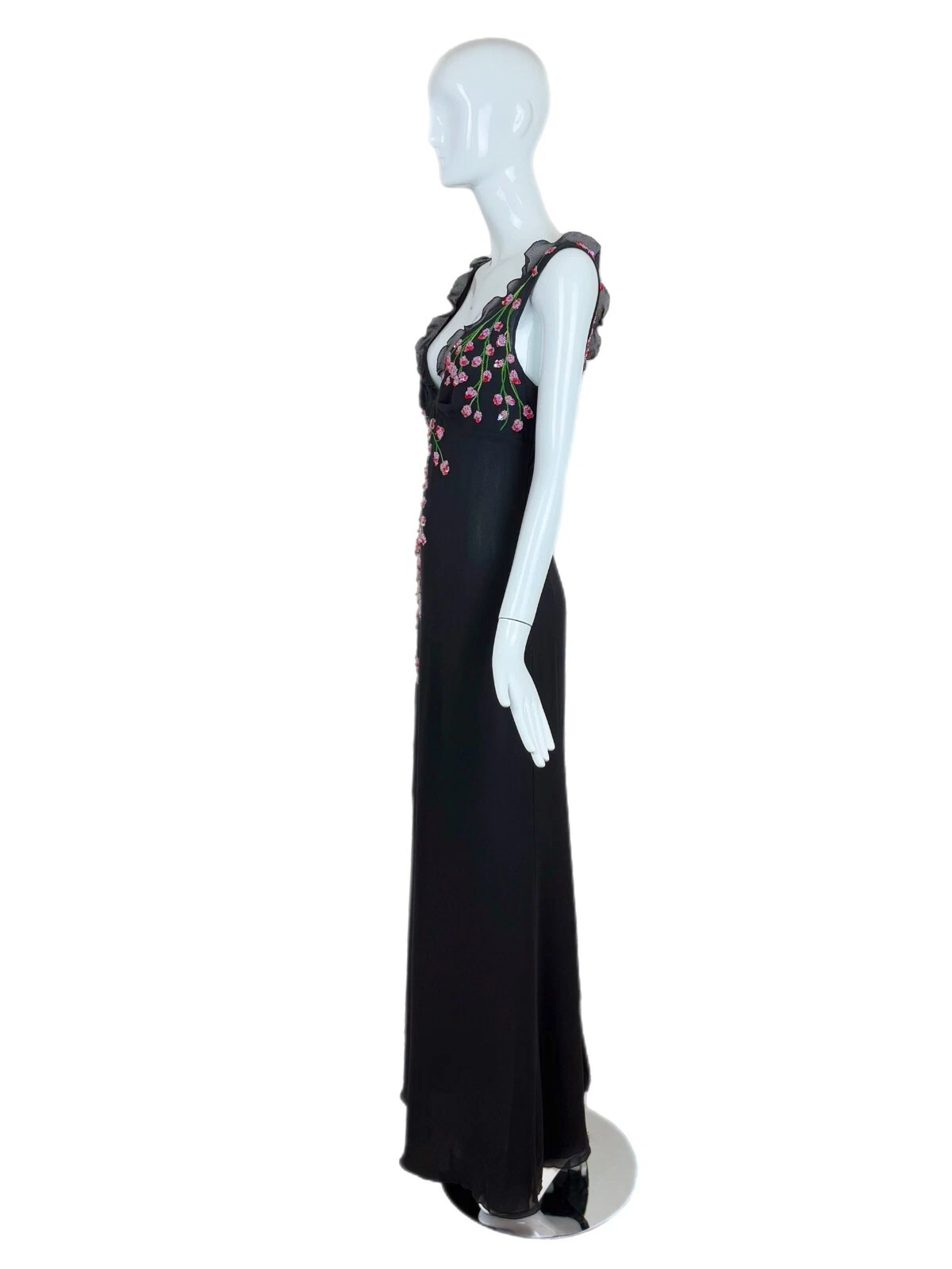 VALENTINO BOUTIQUE maxi abito vintage nero seta floreale perline ricamate volant