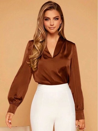 Ladies Satin Silk Long Sleeve Career Tee Shirts OL Work V Neck Loose Blouse Tops - Picture 18 of 29
