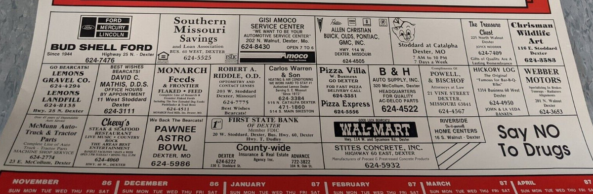 1986-87 Dexter MO High School Calendar Program Pizza Villa Motors Lemons  Rare | eBay