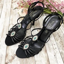 Valentino Garavani Black Satin Embellished Strappy Sandals Heels Sz 40 US10 EUC