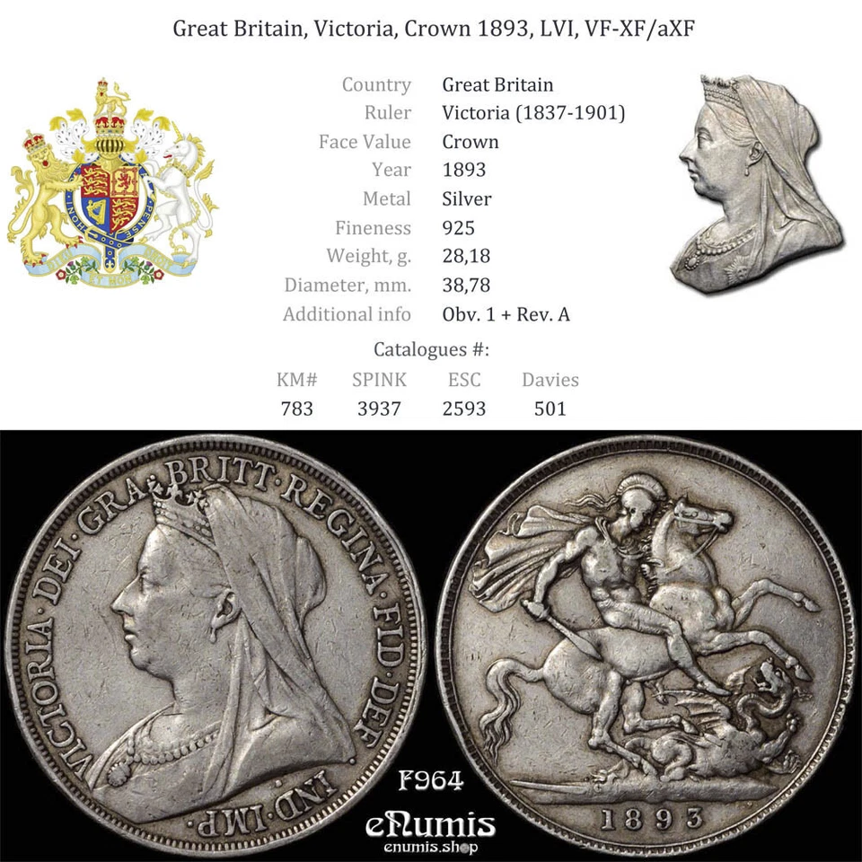 Gran Bretaña, Victoria, Corona 1893, LVI, VF-XF/aXF Foto 4 de 4
