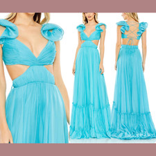 NWT $398 Mac Duggal [ 2 ] Ruched Ruffled Shoulder Cut out Lace Up Gown #G1495