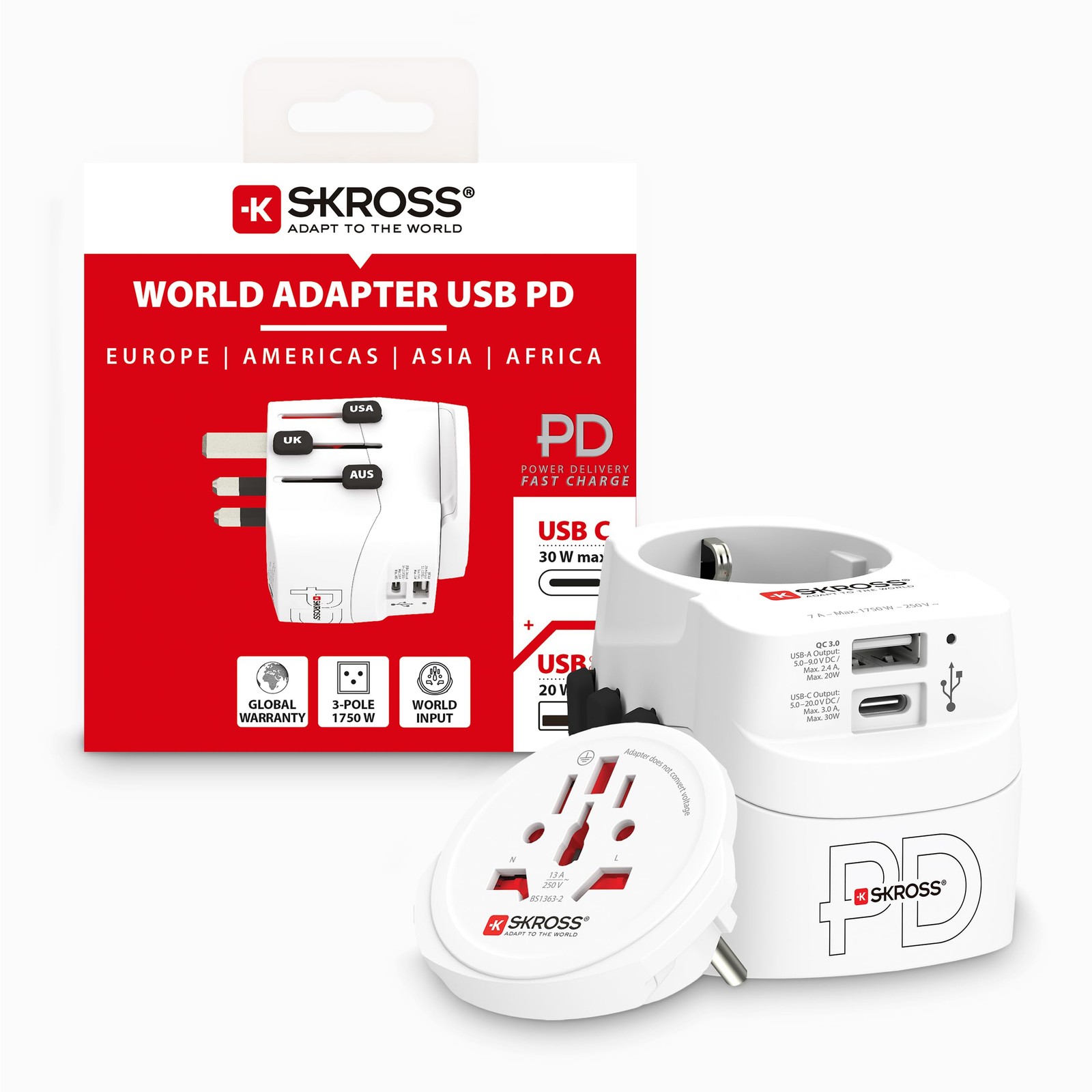 SKROSS PRO Light AC30PD - World, Universal Travel Adapter One Size, White