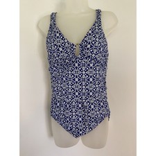 Lands End One Piece Fauxkini Swimsuit 10 Bathing Suit Blue White Geometric NWOT