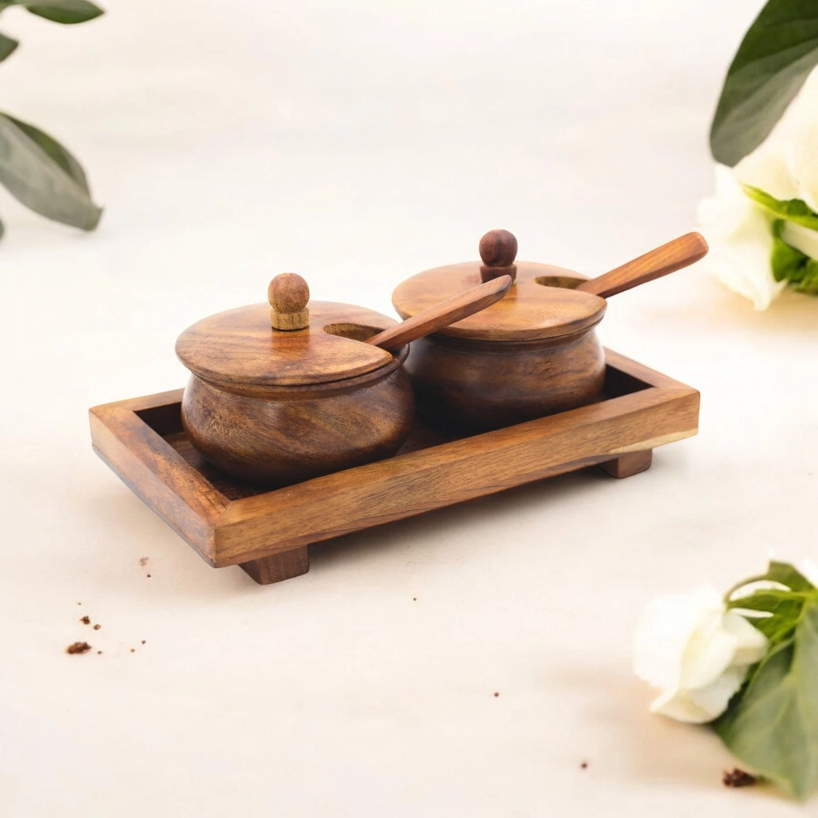 Wooden Handi Set of 2 with Tray – Dry Fruit Spice Jar Kitchen Storage Gift