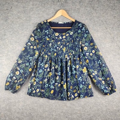 Blushing Heart Blouse Women M Blue Peasant Top Floral Smocked Sheer Long Sleeve